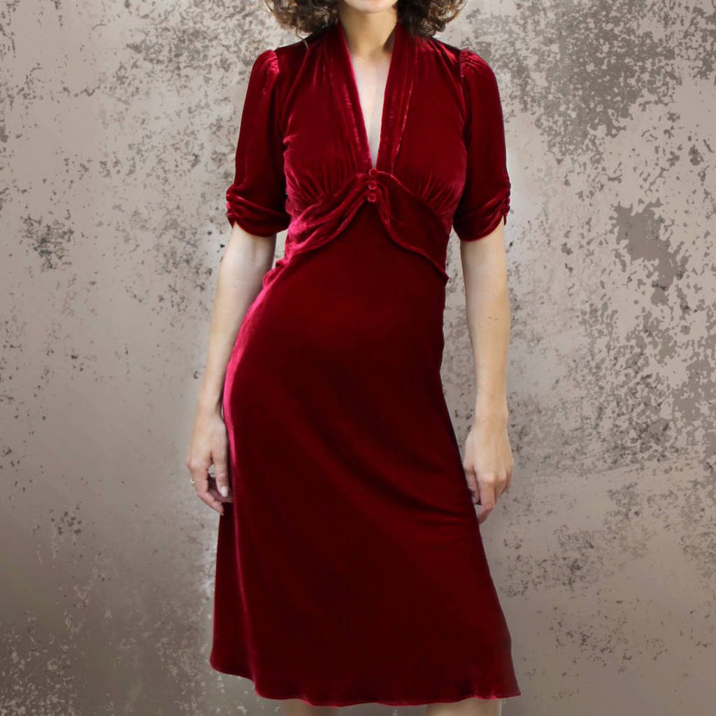 Deep Red Silk Velvet Midi Dress, 1 of 3