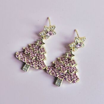 Pink Rhinestone Christmas Tree Statement Earrings, 2 of 4