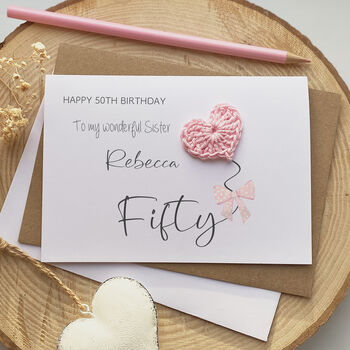 Personalised Pink Crochet Heart Sister 50th Birthday Card, 2 of 2