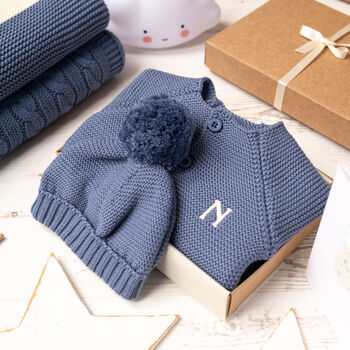Luxury Blue Grey Bobble Hat And Cardigan Baby Gift Box, 6 of 12
