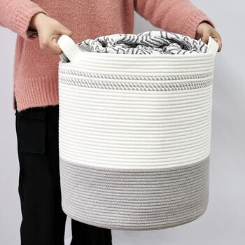 White Grey Large Cotton Rope Laundry Toy Basket, 4 of 4