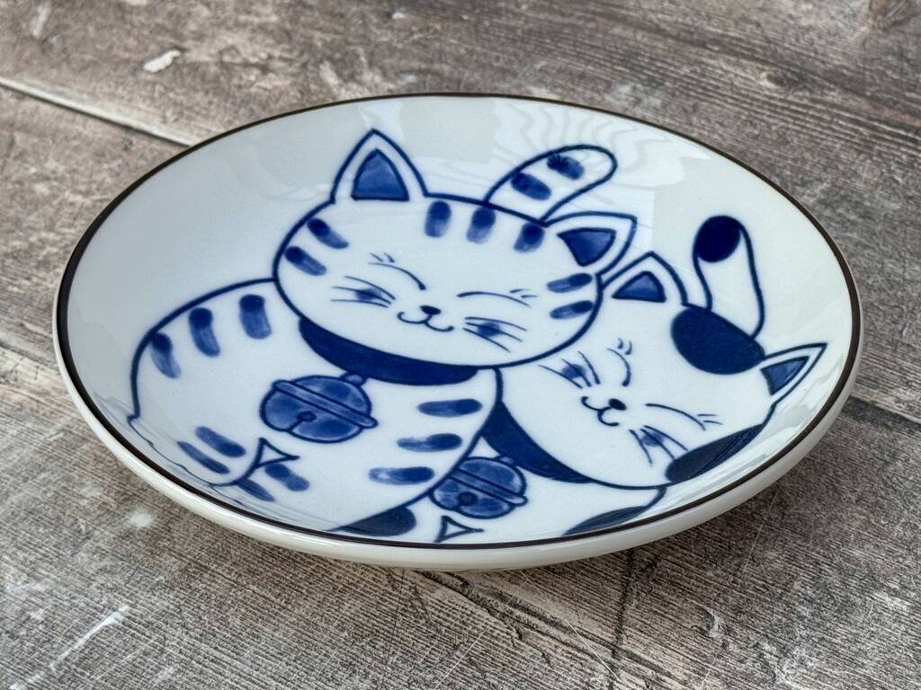 Blue And White Cat Patterned Japanese Plate, 16.5cm, 1 of 2