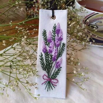 Hand Embroidered Buddleia Flower Linen Bookmark, 2 of 7