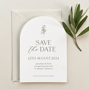 Olive Arch Shaped Wedding Save The Date Cards, 4 of 5