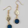 Gold Plated Filigree Disc Blue Sapphire Drop Earrings, thumbnail 3 of 4