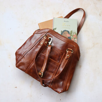 Leather Tote Bag With Pocket, Tan, 3 of 6