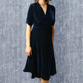 Midnight Blue Silk Velvet Tea Dress, 2 of 4
