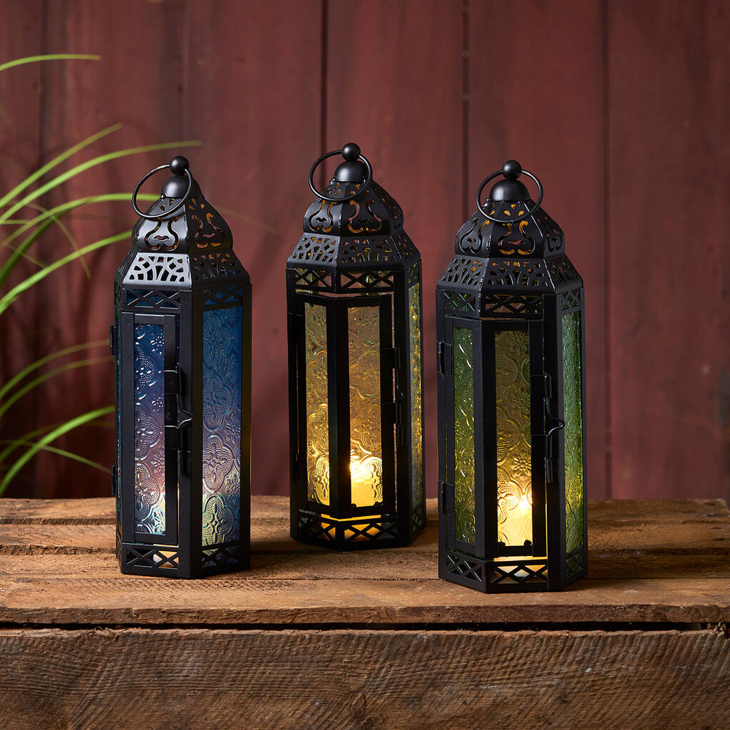 Black Moroccan Lantern Trio With Coloured Glass