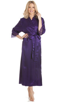 British Made Purple Long Satin Dressing Gown With Lace Detail Ladies Size 8 To 28 UK, 3 of 5