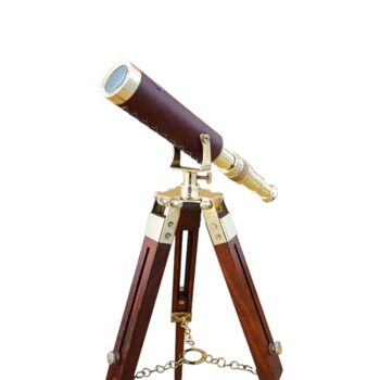 Custom Brass And Brown Leather Telescope With Wooden Tripod, 2 of 6