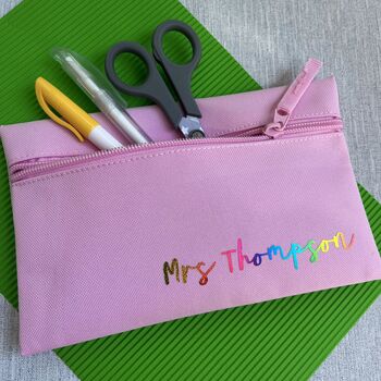 Personalised Rainbow Teacher's Name School Pencil Case, 2 of 6
