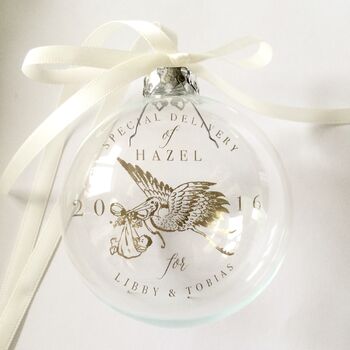 Baby And Stork Glass Bauble For New Parents, 2 of 5