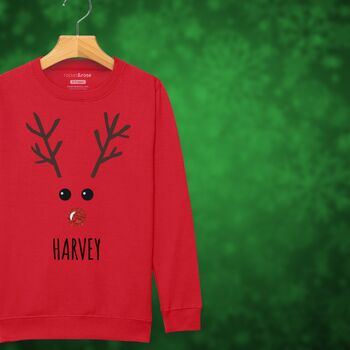 Rudolph The Reindeer Personalised Kids Sweatshirt Christmas Jumper, 9 of 12