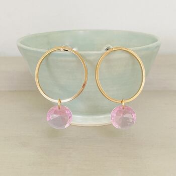 Gold Plated Hoop Earrings With Pink Faceted Polished Glass Stone, 3 of 5