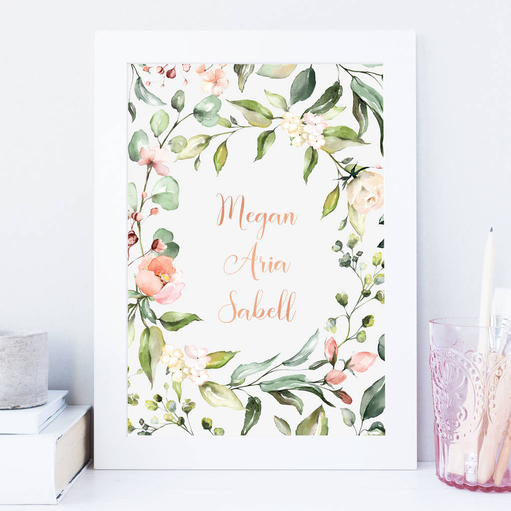 Floral New Baby Nursery Name Print By Elinor Rose Studio
