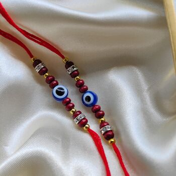 Red Sandalwood Evil Eye Zircon Rakhi For Raksha Bandha, 3 of 5