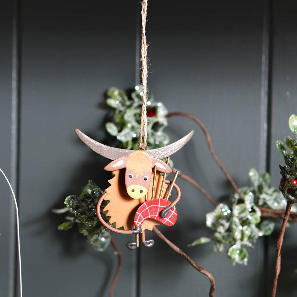 Christmas Highland Cow Coo Bagpipes Hanging Decoration By Red Berry