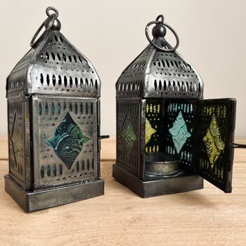 Silver Moroccan Style Lantern Green And Blue Glass, 6 of 11