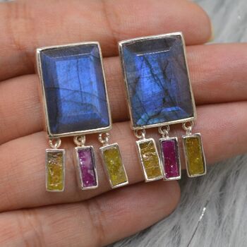 Labradorite, Raw Tourmaline Handmade Silver Earrings, 4 of 9