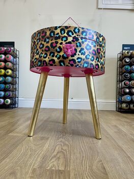 Pink Leopard Print Round Wooden Side Table With Drawer, 6 of 10