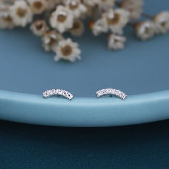Sterling Silver Cz Tiny Curved Bar Stud Earrings, 4 of 12
