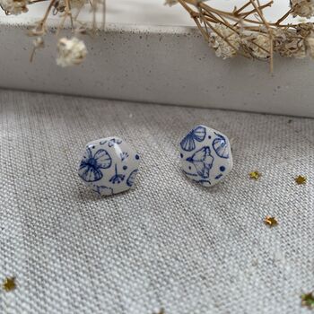 Blue Floral Ceramic Hexagon Earrings Vintage Blue, 3 of 11