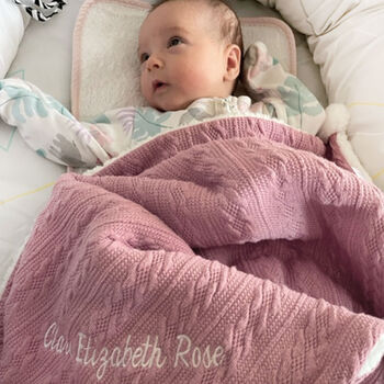 Personalised Dusty Pink Cable Knit Pom Pom Blanket, 4 of 12