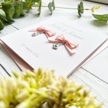 Handmade New Baby Card. Satin Bow With Charm. Twins, 11 of 12