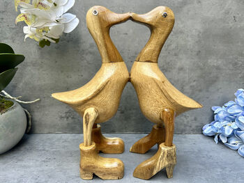 Cute Duck Couple Ornament Lovers 25cm – Bamboo Wood Heart Figurine, 8 of 12