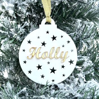 Christmas Tree Bauble With Stars And Name, Gold Or Silver, 3 of 7