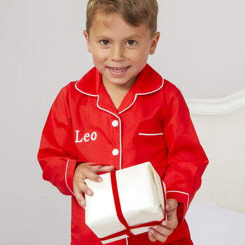 Personalised Matching Red Cotton Classic Christmas Pyjama For Dad And Child, 2 of 5