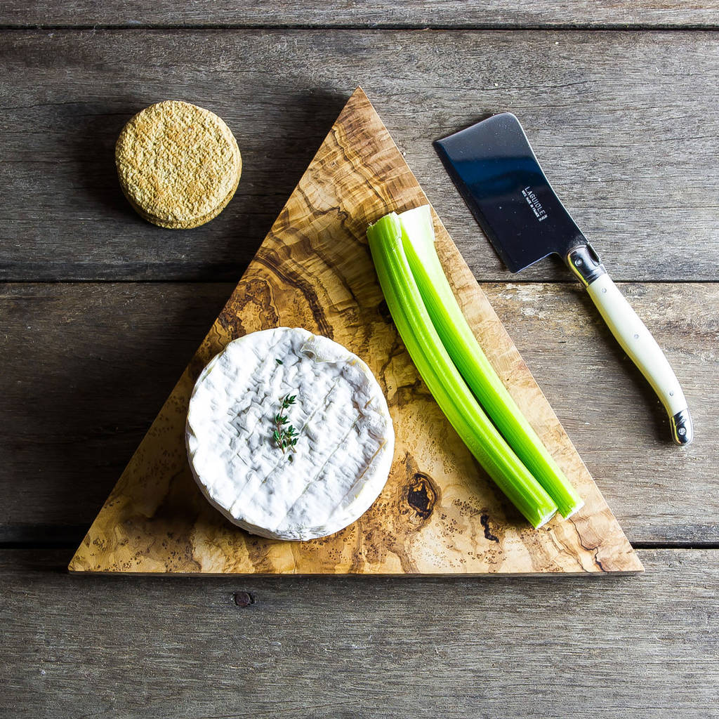 triangle olive wood chopping/cheese board by the rustic dish