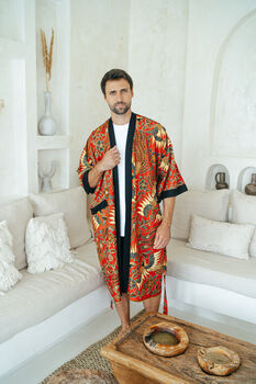 Men's Batik Kimono Robe In Red, 2 of 11