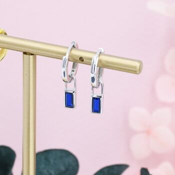 Sapphire Blue Baguette Cz Huggie Hoop Earrings, 2 of 10