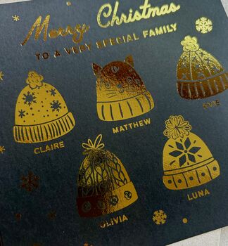 Personalised Family Or Friends Christmas Card With Foiled Christmas Wooly Hats, 5 of 10