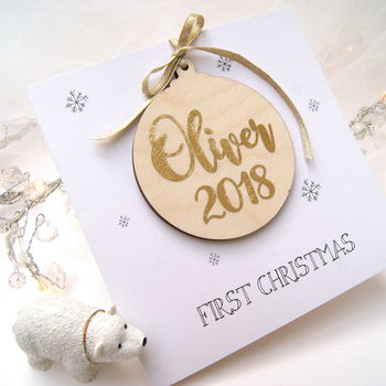 Personalised Babies First Christmas Wooden Bauble Card, 4 of 6