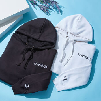 Personalised Roman Numerals Unisex Hoodie With Initial On Sleeve, 9 of 12