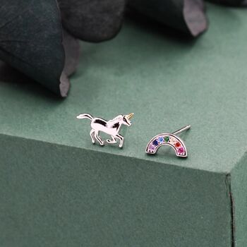 Asymmetric Unicorn And Rainbow Stud Earrings In Sterling Silver, 4 of 9