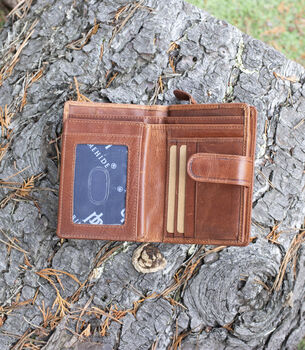 Women's Luxury Cognac Leather Tab Trifold Purse Rfid Protected Personsalised, 4 of 7