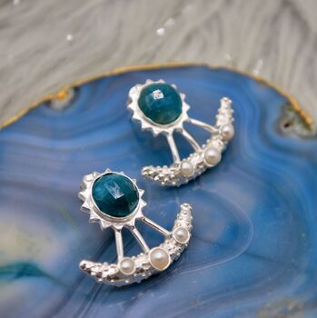 Blue Apatite, Pearl Silver Earrings, 9 of 12