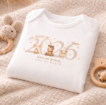 Personalised Born In 2026 Baby Sleepsuit | Zoo Or Farmyard Animal Babygrow, 2 of 4