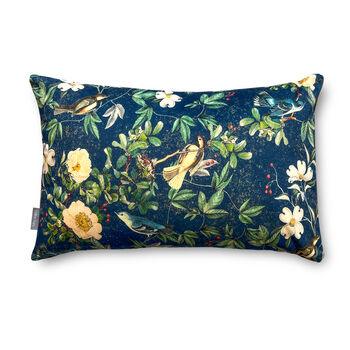 Luxury Super Soft Velvet Cushion Wild Rose Birds Blue, 5 of 5