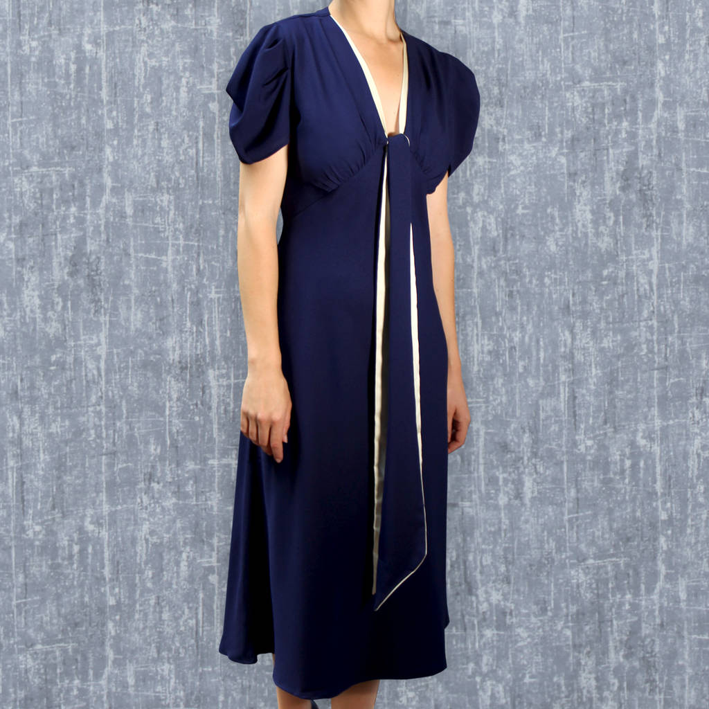 1930's Style Blue Crepe Midi Length Dress With Sash, 1 of 3