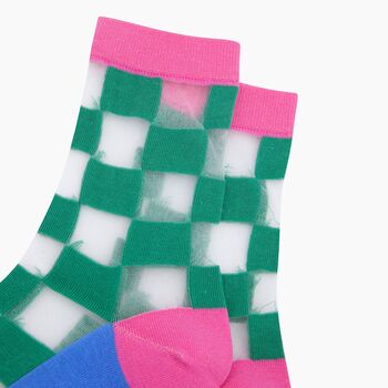 Square Checkerboard Combed Cotton Sheer Pop Socks In Green, 2 of 4