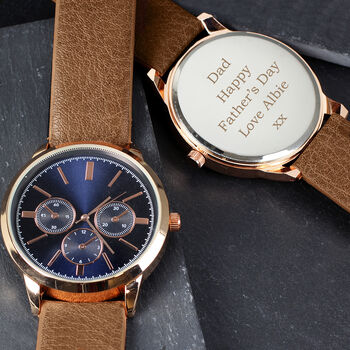 Personalised Men's Rose Gold Watch With Brown Strap And Presentation Box, 3 of 7