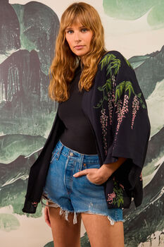 Wisteria And Chrysanthemum Black And Pink Embroidered Short Kimono, 5 of 7
