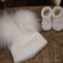 Personalised Grey Double Pom Pom Winter Hat And Booties, thumbnail 6 of 9