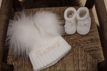 Personalised Grey Double Pom Pom Winter Hat And Booties, 6 of 9