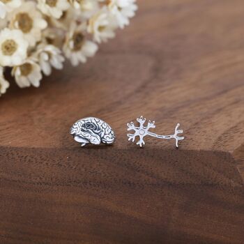 Mismatched Anatomical Brain And Neurone Stud Earrings In Sterling Silver, 5 of 12