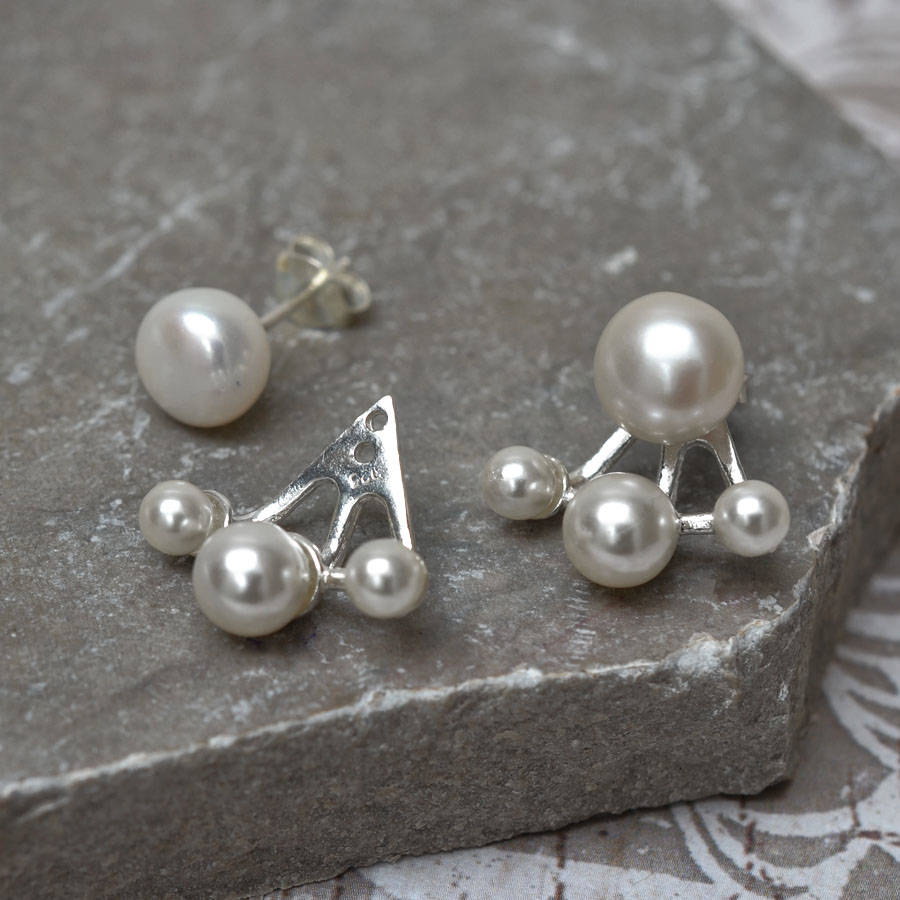 Sterling Silver Three Pearl Two Way Earrings By Martha Jackson Sterling Silver